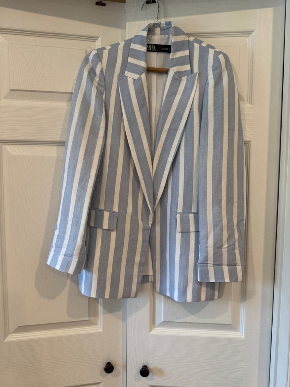 Zara Blue and White Vertical Stripe Blazer
